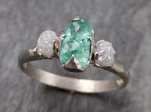Three raw Stone Diamond Emerald Engagement Ring 14k Multi stone white Gold Wedding Ring Uncut Birthstone Stacking Rough Diamond Ring byAngeline 0951 - by Angeline