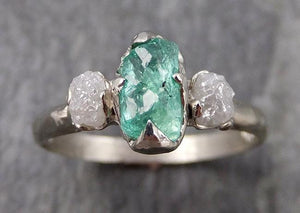 Three raw Stone Diamond Emerald Engagement Ring 14k Multi stone white Gold Wedding Ring Uncut Birthstone Stacking Rough Diamond Ring byAngeline 0951 - by Angeline