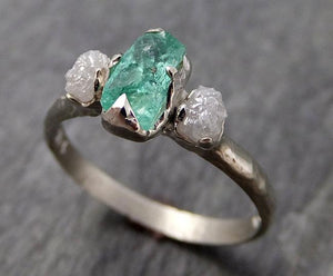 Three raw Stone Diamond Emerald Engagement Ring 14k Multi stone white Gold Wedding Ring Uncut Birthstone Stacking Rough Diamond Ring byAngeline 0951 - by Angeline