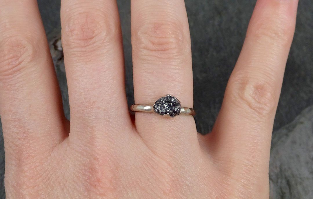 Raw Black Diamond Solitaire Engagement Ring Rough White 14k Gold Wedding diamond Wedding Rough Diamond Ring 0953 - by Angeline