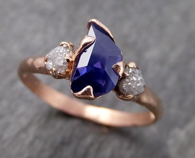 Partially faceted Raw ultraviolet Sapphire Diamond 14k rose Gold Engagement Ring Wedding Ring Custom One Of a Kind Gemstone Ring Multi stone Ring 0954 - by Angeline