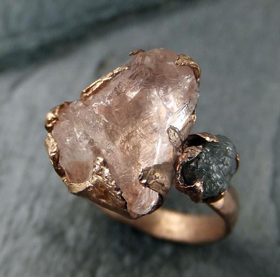 Raw Morganite Diamond Rose Gold Engagement Ring Multi stone Wedding Ring Custom One Of a Kind Gemstone Ring Bespoke 14k Pink Conflict Free by Angeline - Gemstone ring by Angeline