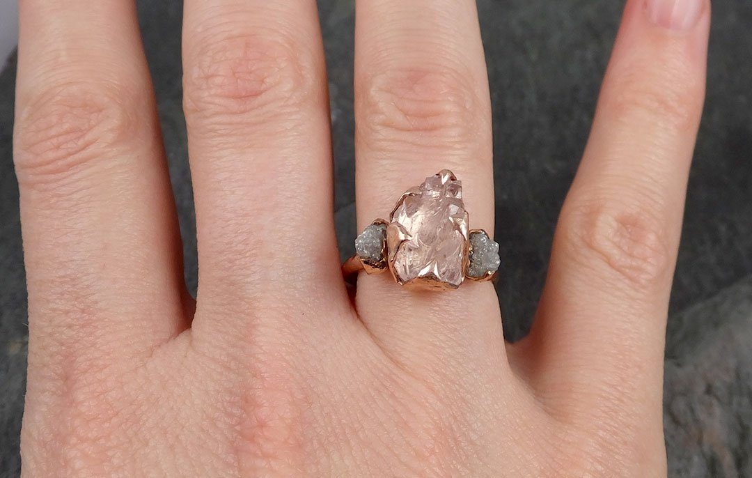 Raw Morganite Diamond Rose Gold Engagement Ring Multi stone Wedding Ring Custom One Of a Kind Gemstone Ring Bespoke 14k Pink Conflict Free by Angeline 0956 - by Angeline