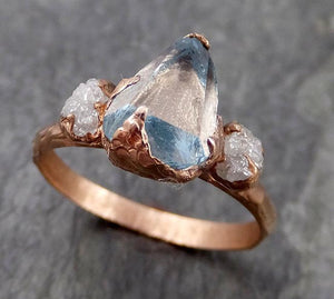 Raw Rough and partially Faceted Aquamarine Diamond 14k Rose Gold Multi stone Ring One Of a Kind Gemstone Ring Recycled gold 0957 - by Angeline