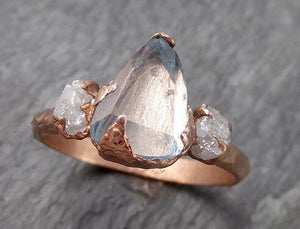 Raw Rough and partially Faceted Aquamarine Diamond 14k Rose Gold Multi stone Ring One Of a Kind Gemstone Ring Recycled gold 0957 - by Angeline
