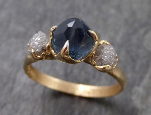 Partially Faceted Montana Sapphire Raw Multi stone Rough Diamond 14k Yellow Gold Engagement Ring Wedding Ring Custom One Of a Kind blue Gemstone Ring 0959 - by Angeline