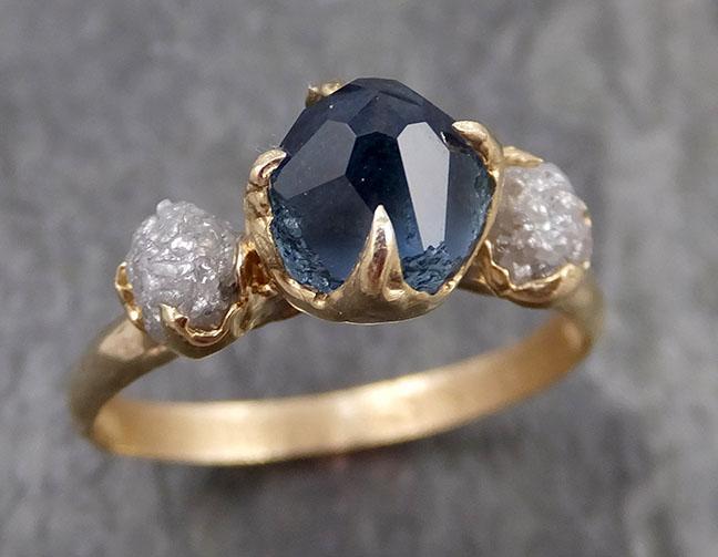 Partially Faceted Montana Sapphire Raw Multi stone Rough Diamond 14k Yellow Gold Engagement Ring Wedding Ring Custom One Of a Kind blue Gemstone Ring 0959 - by Angeline