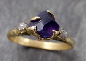 Partially faceted natural sapphire gemstone Raw Rough Diamond 18k Yellow Gold Engagement ring multi stone 0960 - by Angeline
