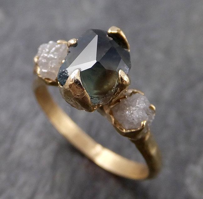 Partially faceted Montana Sapphire natural green sapphire gemstone Raw Rough Diamond 14k Yellow Gold Engagement ring multi stone 0961 - by Angeline