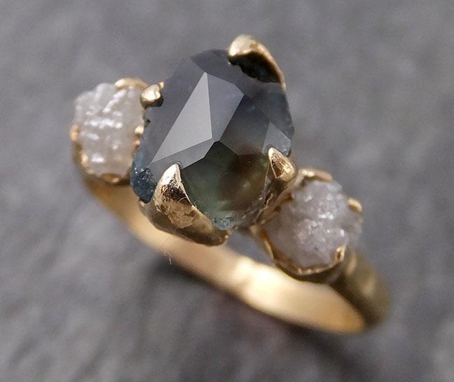 Partially faceted Montana Sapphire natural green sapphire gemstone Raw Rough Diamond 14k Yellow Gold Engagement ring multi stone 0961 - by Angeline