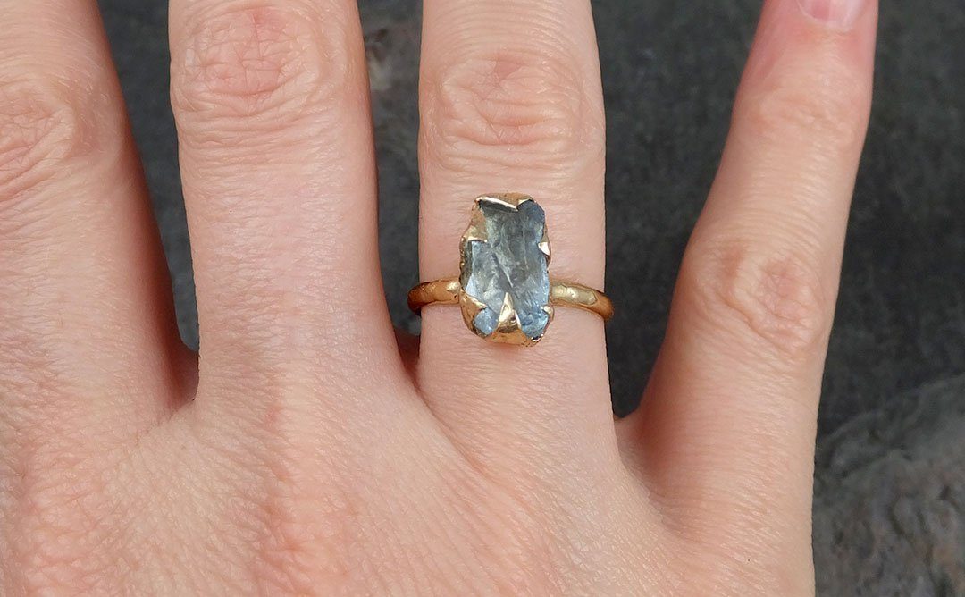 Uncut Aquamarine Solitaire 14k yellow gold Ring Custom One Of a Kind Gemstone Ring Bespoke byAngeline 0963 - by Angeline