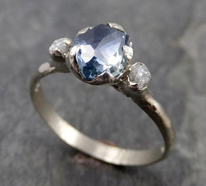 Montana Sapphire Partially Faceted Multi stone Rough Diamond 14k White Gold Engagement Ring Wedding Ring Custom Gemstone Ring Three stone 0952 - by Angeline