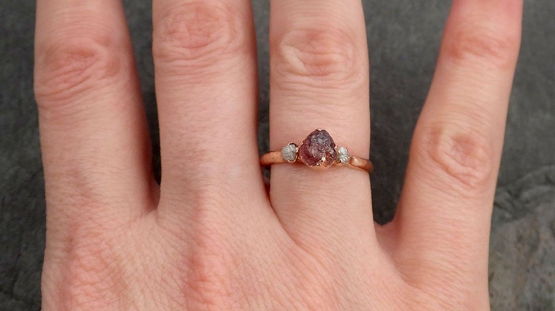 Raw Sapphire Diamond Rose Gold Engagement Ring Wedding Ring Custom One Of a Kind Pink Gemstone Multi stone Ring 0969 - by Angeline