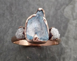 Aquamarine Diamond Raw Uncut rose 14k Gold Engagement Ring Multi stone Wedding Ring Custom One Of a Kind Gemstone Bespoke Three stone Ring byAngeline 0971 - by Angeline