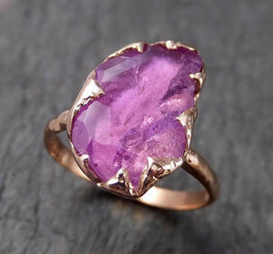 Partially Faceted Sapphire 14k rose Gold statement Cocktail Ring Custom One Of a Kind Gemstone Ring Solitaire 1501 - by Angeline