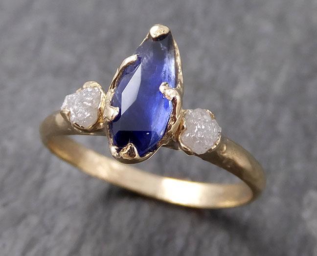 Partially faceted natural crystal sapphire Gemstone and Raw Rough Diamond 14k Yellow Gold Ring Engagement multi stone 0975 - by Angeline