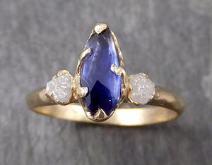 Partially faceted natural crystal sapphire Gemstone and Raw Rough Diamond 14k Yellow Gold Ring Engagement multi stone 0975 - by Angeline