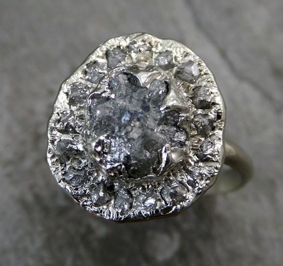 Raw Diamond Halo Engagement Ring Multi stone Rough 14k White Gold Wedding Ring diamond Stacking Ring Rough Diamond Ring 0086 - by Angeline