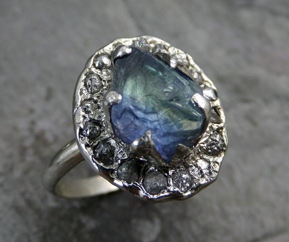Raw Diamond Tanzanite Gemstone 14k White Gold Halo Engagement Ring Wedding Ring One Of a Kind Gemstone Ring Ring - by Angeline