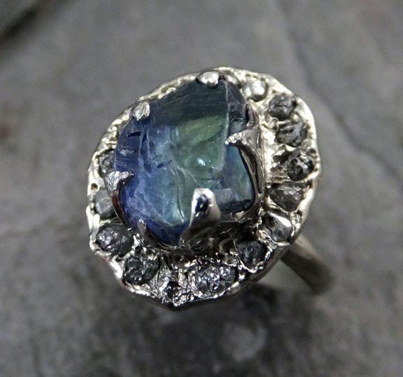 Raw Diamond Tanzanite Gemstone 14k White Gold Halo Engagement Ring Wedding Ring One Of a Kind Gemstone Ring Ring - by Angeline