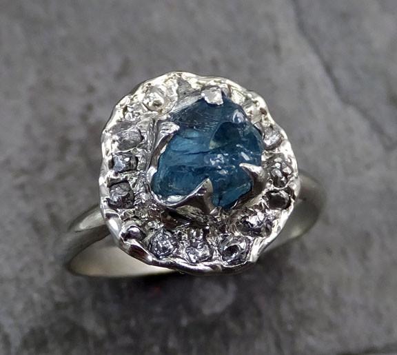 Raw Diamond Aquamarine Gemstone multi stone 14k White Gold Halo Engagement Ring Wedding Ring One Of a Kind Gemstone Ring Ring - by Angeline