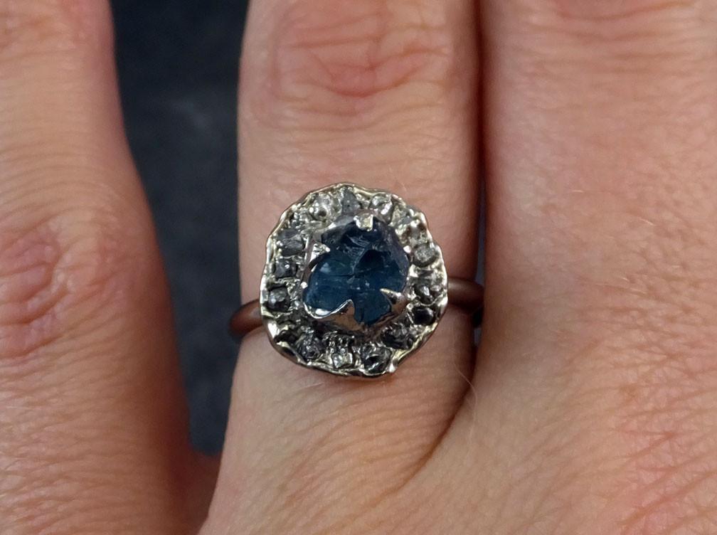 Raw Diamond Aquamarine Gemstone multi stone 14k White Gold Halo Engagement Ring Wedding Ring One Of a Kind Gemstone Ring Ring - by Angeline