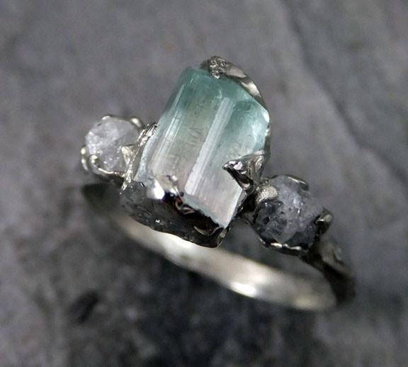 Raw bi color Tourmaline Diamond White Gold Engagement Ring Wedding Ring One Of a Kind Gemstone  Ring Bespoke Three stone - by Angeline