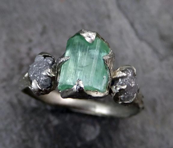 Raw sea green Tourmaline Diamond White Gold Engagement Ring Wedding Ring One Of a Kind Gemstone Ring Bespoke Three stone - by Angeline