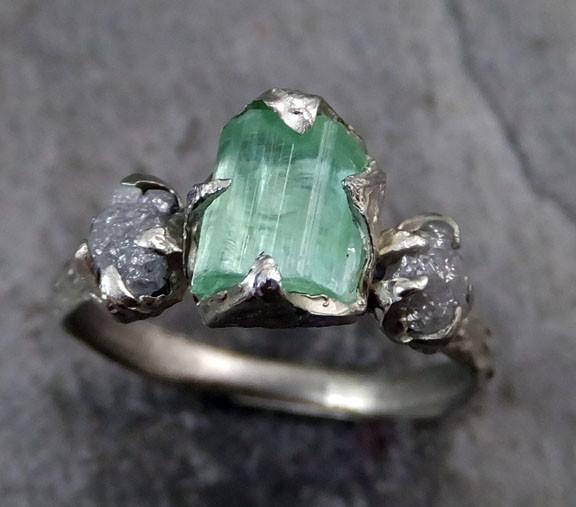 Raw sea green Tourmaline Diamond White Gold Engagement Ring Wedding Ring One Of a Kind Gemstone Ring Bespoke Three stone - by Angeline