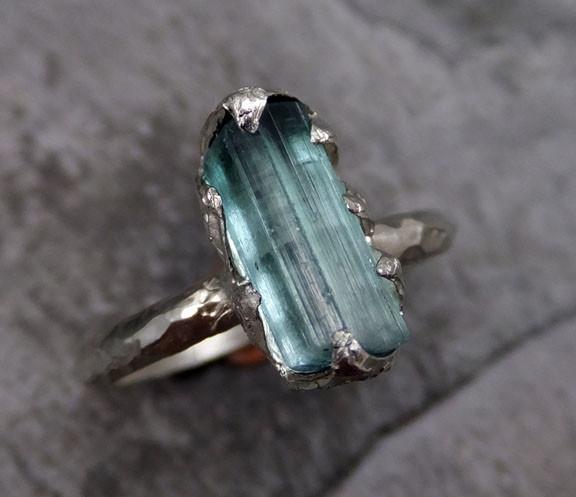 Raw Blue Green Tourmaline White Gold Ring Rough Uncut Gemstone Promise Engagement recycled 14k stacking cocktail statement - by Angeline