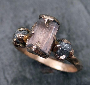 Raw Pink Tourmaline Diamond 14k Rose Gold Engagement Ring Wedding Ring One Of a Kind Gemstone Ring Bespoke Three stone Ring - by Angeline