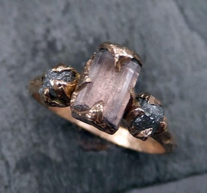 Raw Pink Tourmaline Diamond 14k Rose Gold Engagement Ring Wedding Ring One Of a Kind Gemstone Ring Bespoke Three stone Ring - by Angeline