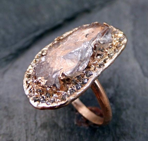 Raw Rough Uncut Gemstone Morganite Diamonds Rose Gold Halo Ring Multi stone Engagement Wedding Ring Statement ring anniversary ring 0035 - by Angeline