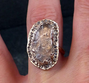 Raw Rough Uncut Gemstone Morganite Diamonds Rose Gold Halo Ring Multi stone Engagement Wedding Ring Statement ring anniversary ring 0035 - by Angeline