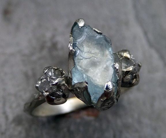 Raw Uncut Aquamarine Diamond White Gold Engagement Ring Wedding Ring Custom One Of a Kind Gemstone Ring Bespoke Three stone Ring - by Angeline