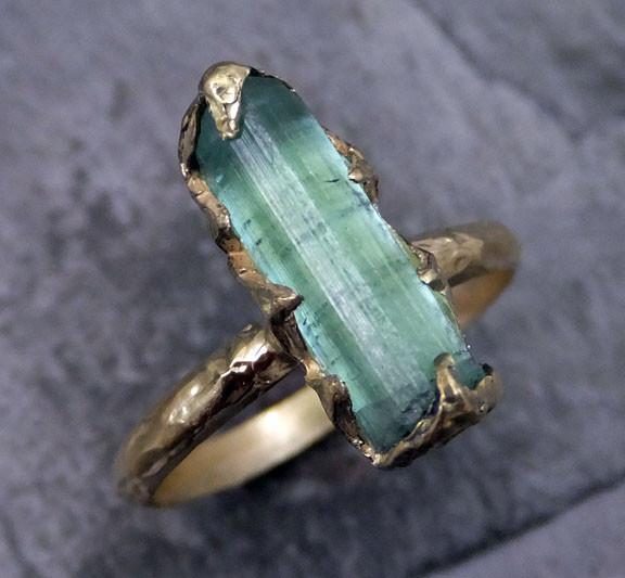 Raw Sea Green Tourmaline Gold Ring Rough Uncut Gemstone tourmaline recycled 18k stacking cocktail statement - by Angeline