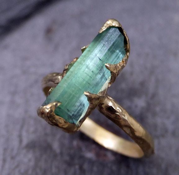 Raw Sea Green Tourmaline Gold Ring Rough Uncut Gemstone tourmaline recycled 18k stacking cocktail statement - by Angeline