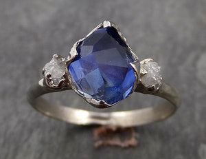 Partially faceted Sapphire Diamond 14k White Gold Engagement Ring Wedding Ring Custom One Of a Kind blue Gemstone Ring Multi stone Ring 1008 - by Angeline