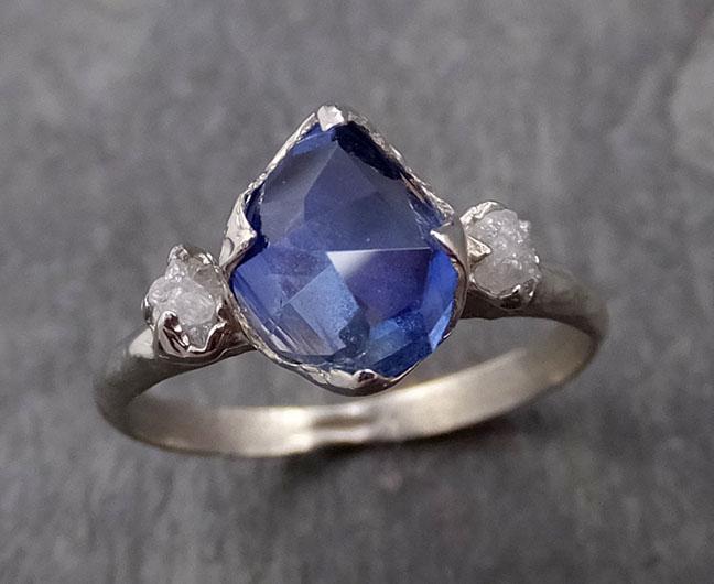 Partially faceted Sapphire Diamond 14k White Gold Engagement Ring Wedding Ring Custom One Of a Kind blue Gemstone Ring Multi stone Ring 1008 - by Angeline