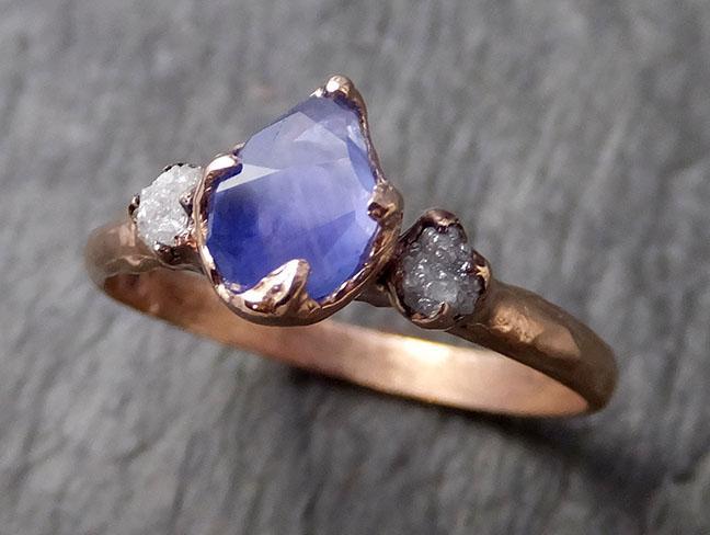 Partially faceted Montana Sapphire Diamond 14k rose Gold Engagement Ring Wedding Ring Custom One Of a Kind blue Gemstone Ring Multi stone Ring 1009 - by Angeline