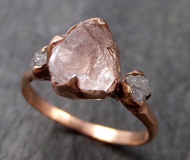 raw pink morganite with rough diamond rose gold engagement ring multi stone wedding ring custom gemstone ring 14k byangeline c1013 Alternative Engagement