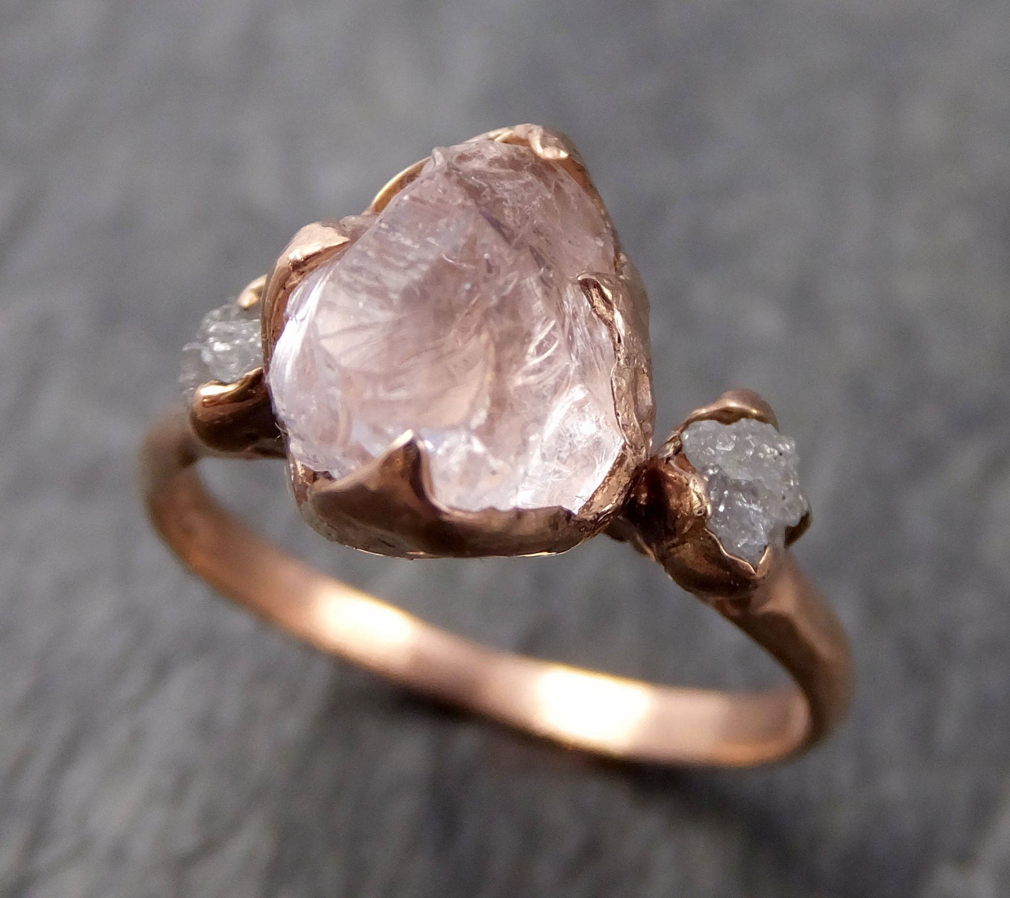 raw pink morganite with rough diamond rose gold engagement ring