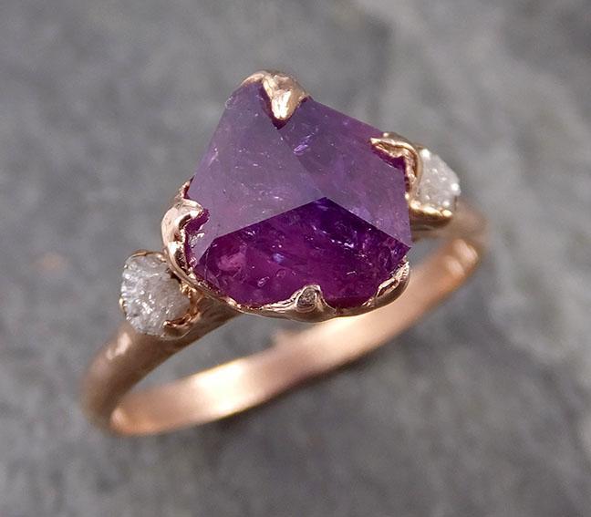 Partially Faceted Sapphire Raw Multi stone Rough Diamond 14k rose Gold Engagement Ring Wedding Ring Custom One Of a Kind Gemstone Ring Three stone 1015 - by Angeline
