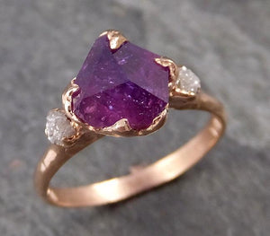 Partially Faceted Sapphire Raw Multi stone Rough Diamond 14k rose Gold Engagement Ring Wedding Ring Custom One Of a Kind Gemstone Ring Three stone 1015 - by Angeline