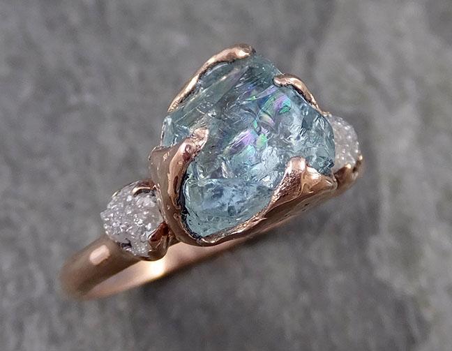 Aquamarine Diamond Raw Uncut rose 14k Gold Engagement Ring Multi stone Wedding Ring Custom One Of a Kind Gemstone Bespoke Three stone Ring byAngeline 1017 - by Angeline