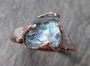 Aquamarine Diamond Raw Uncut rose 14k Gold Engagement Ring Multi stone Wedding Ring Custom One Of a Kind Gemstone Bespoke Three stone Ring byAngeline 1017 - by Angeline