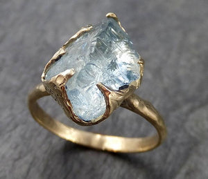 Raw uncut Aquamarine Solitaire 14k Yellow gold Ring Custom One Of a Kind Gemstone Ring Bespoke byAngeline 1018 - by Angeline