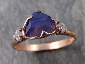 Partially Faceted purple Sapphire 14k Rose gold Multi Stone Ring Gold Gemstone Engagement Ring Raw 1026 - by Angeline