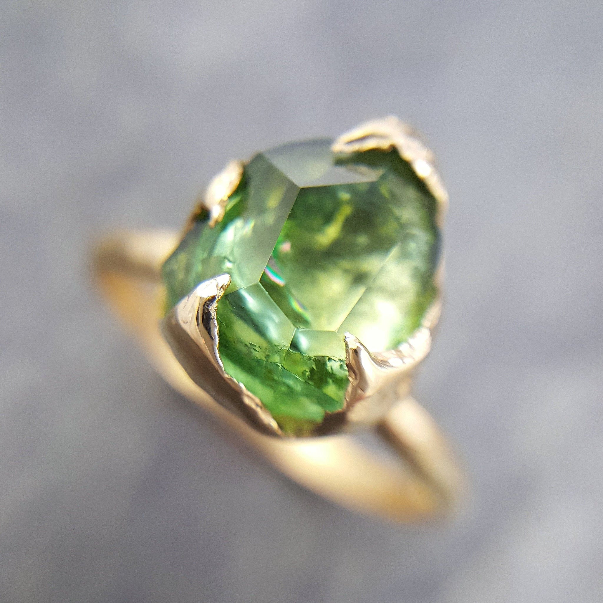 Partially faceted Solitaire Green Tourmaline 18k Gold Engagement Ring One Of a Kind Gemstone Ring byAngeline 1036 - by Angeline