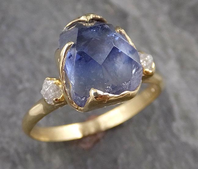 Partially faceted Tanzanite Crystal Gemstone diamond 18k Yellow gold Ring Multi stone Wedding Ring One Of a Kind Three stone Ring 1038 - by Angeline